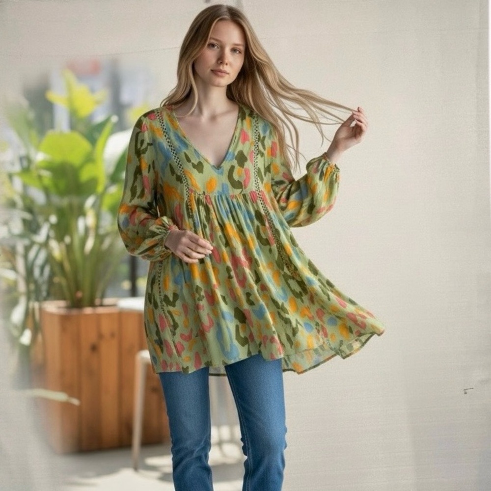Rustydusty Tunic Dress Long Bishop Sleeves LG babydoll V-neck fairycore prairie